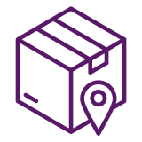 Purple outline icon of a parcel and location location pin