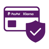Purple outline icon showing PayPal & Klarna logos with a verified shield icon