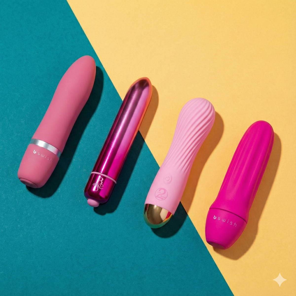 Group of 4 Bullet Vibrators on a Green and Yellow Background